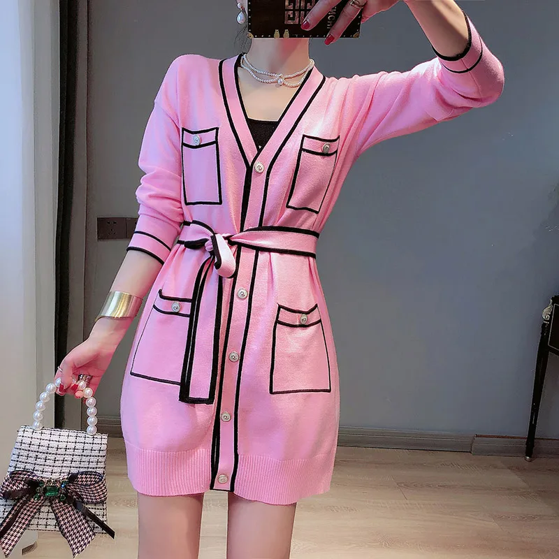 

Женский длинный вязаный кардиган, подиумный розовый брендовый однобортный свитер с запахом и V-образным вырезом, длинный вязаный кардиган оверсайз, весна 2021