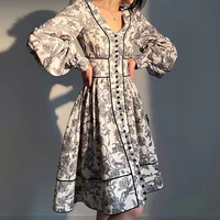 vintage printed waist midi dress for women 2022 trend summer new v neck lantern sleeve button design female dresses