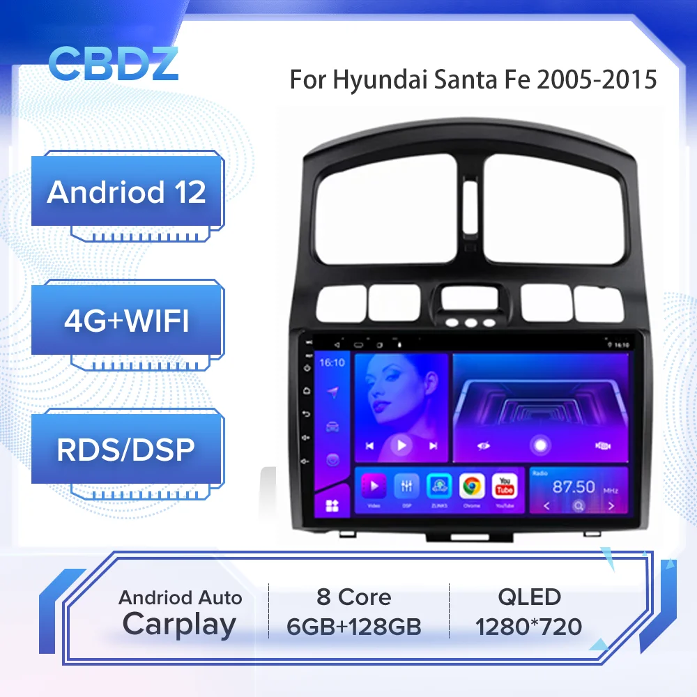 

Автомагнитола для Hyundai Santa Fe 2005-2015, Android, 4G, Wi-Fi, Carplay, GPS-навигация, без DVD-плеера