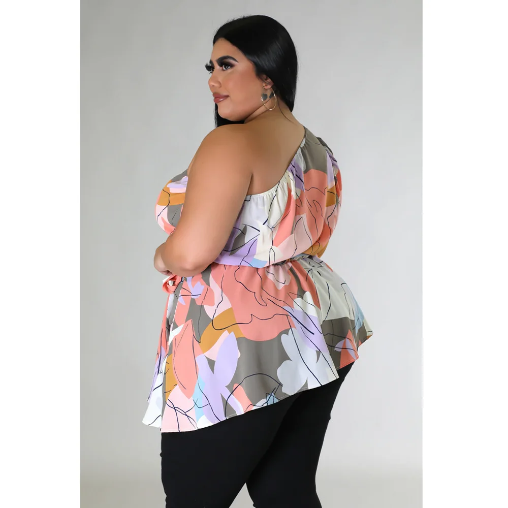 Plus Size Women Floral Tops One Shoulder Shirt For Lady Fashion Casual Outfit Female Belt Cloth 2023 Spring Large Size Tops