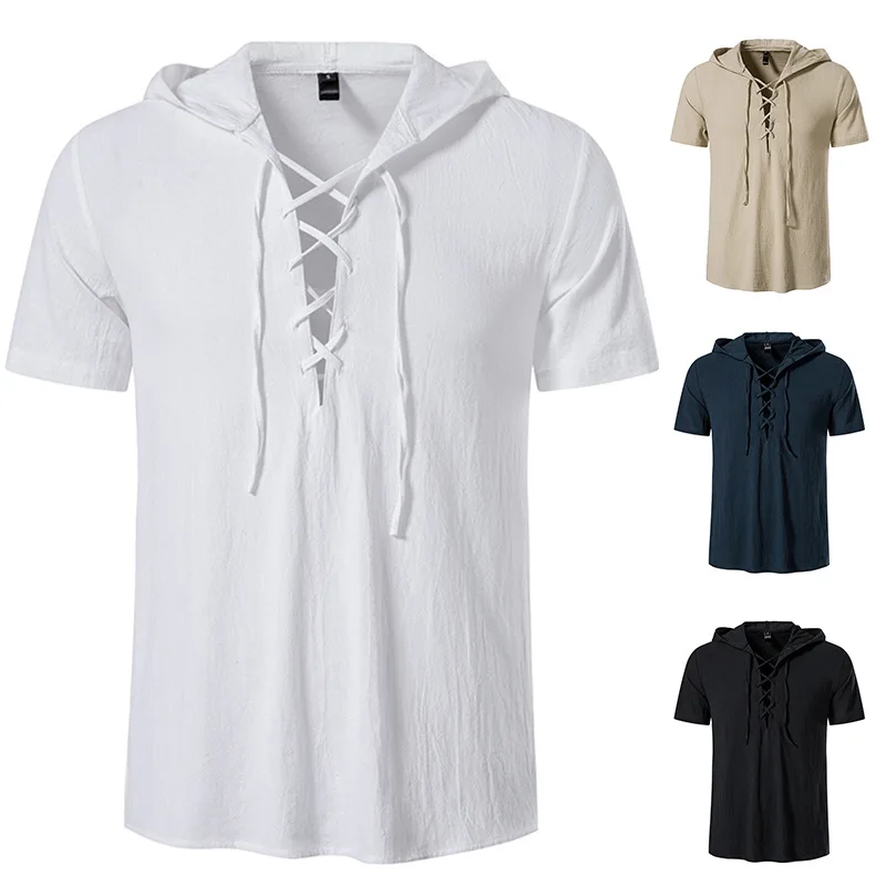 Spring And Summer New Men's Short Sleeve Shirt Cotton Hooded Beach Yoga Casual Summer Shirt Linen Short Sleeve Men