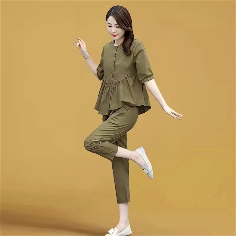 Женский летний костюм из рубашки с коротким рукавом и брюк Модный повседневный