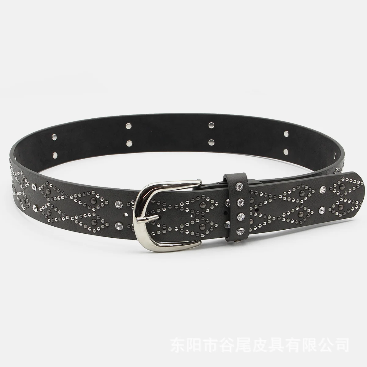 Women's belt dark gray PU leather rhinestone rivet inlaid with punk style boutique belt