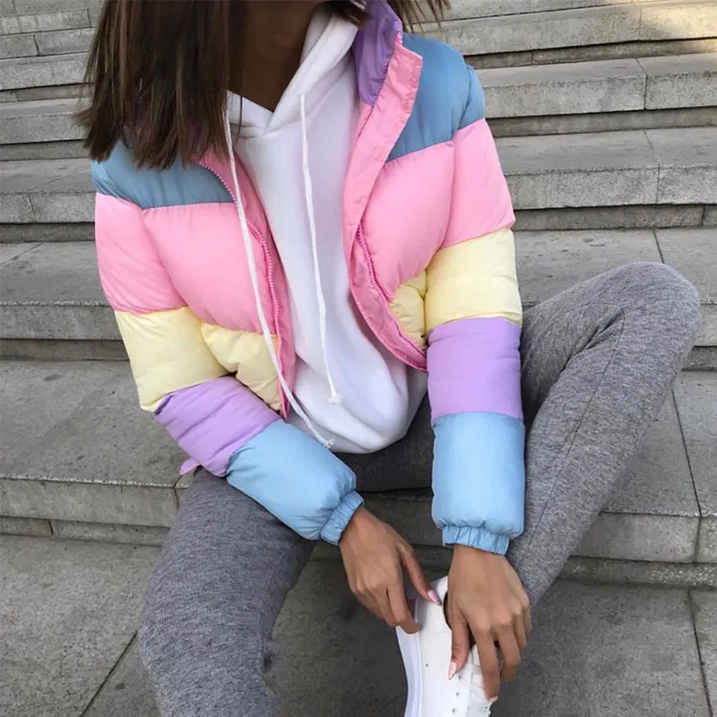 Women's Girl Rainbow Contrast Short Bread Parkas Winter Zipper Pockets Jacket Women Parka Casual Patchwork Fuffy Female