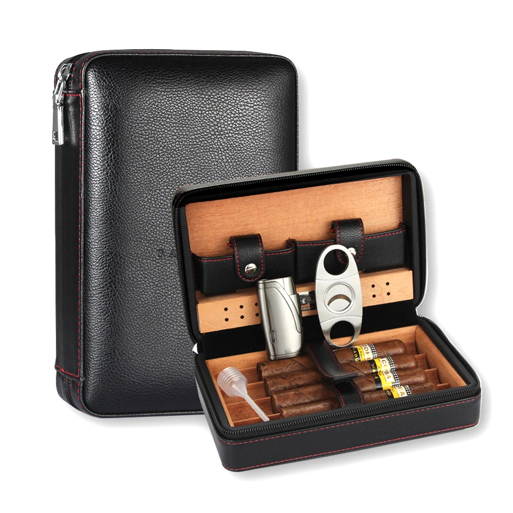 COHIBA Cedar Wood Cigar Humidor Travel Portable Leather Cigar Case Cigars Box With Lighter Cutter Humidifier Humidor Box