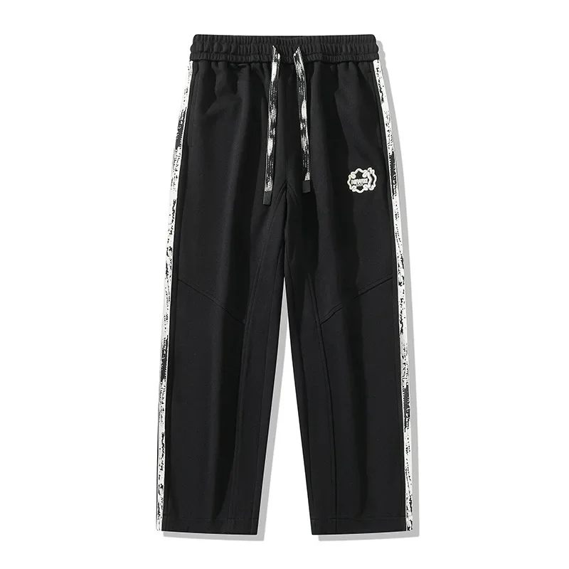 Men's Casual Pants Large Size Elastic Waist Retro Striped Embroidered Drapey Straight Leg Versatile Long For Spring Autumn