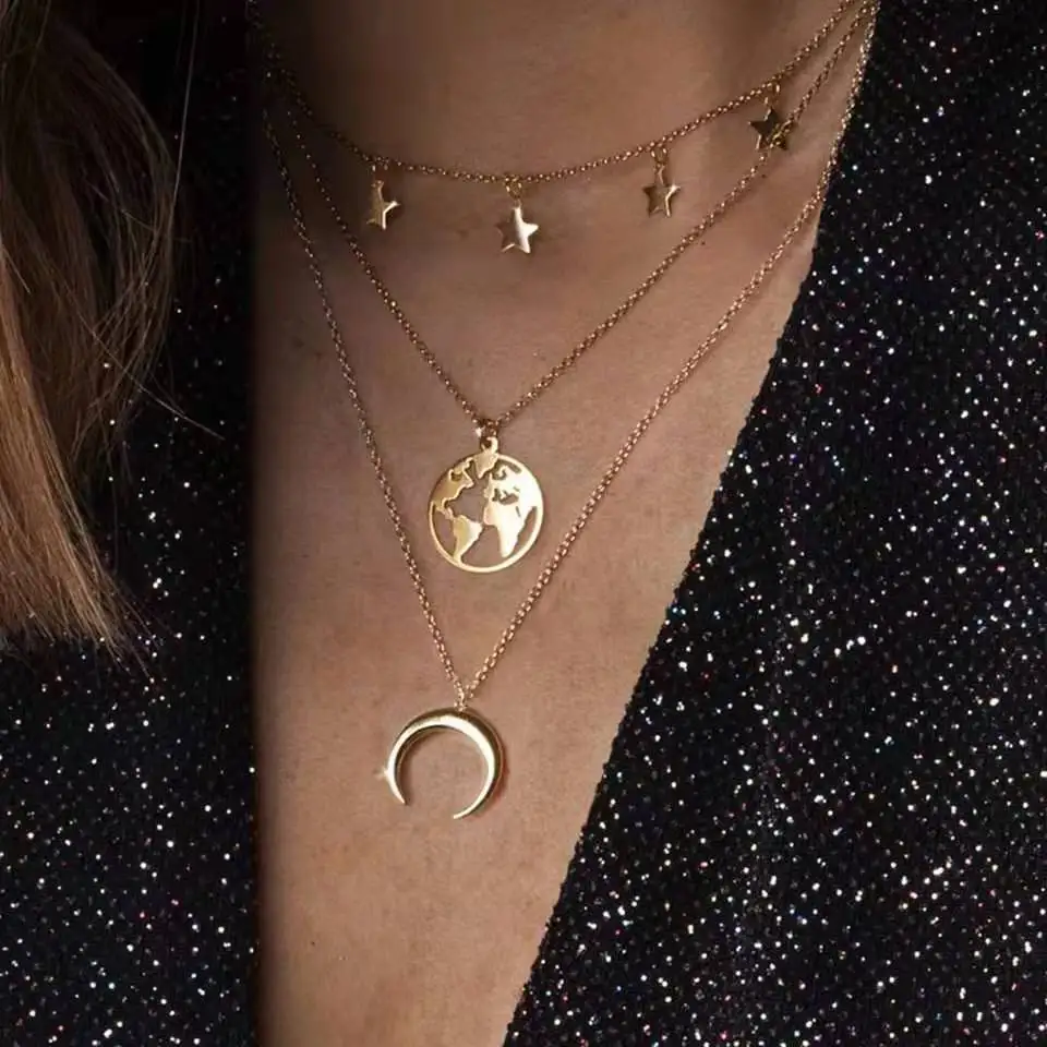 

Retro Exaggerated Trend Multilayer Necklace Moon Star Crescent Combination Fashion Pendant All-match Personality Clavicle Chain