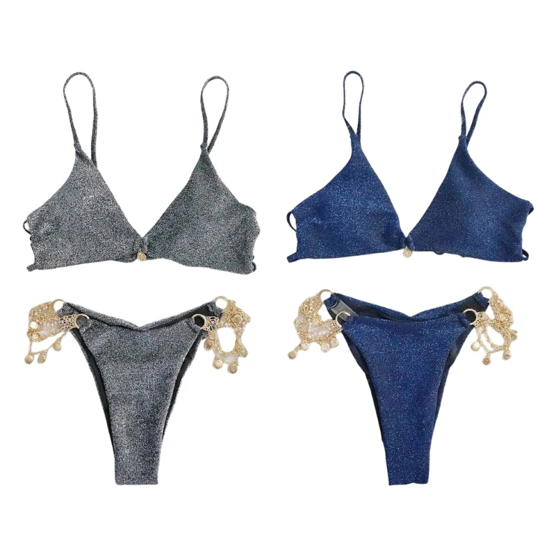 

Women's Metal Chain Linked Bikini Set 2 Pieces Swimsuit Glitter Pearl-Shell Bathing Suit