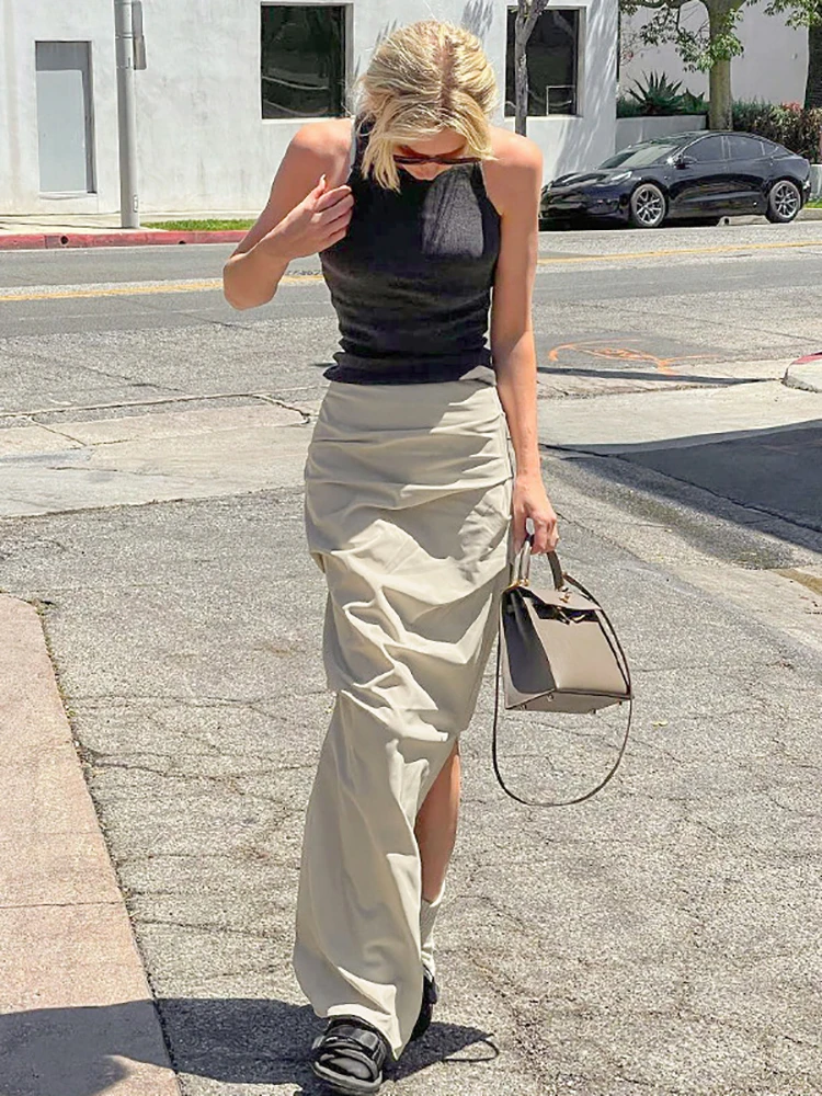 

Taruxy High Street Long Skirts Women Summer High Waist Bodycon Sexy Maxi Skirt Summer Wrinkled Irregular Split Pencil Skirts Y2K