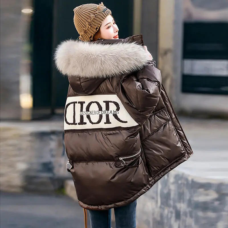 

New Winter Coat for Women Coats Parkas Jackets Hooded Cotton Padded Jacket Korean Fashion Large Fur Collar Spliced Letters Loose