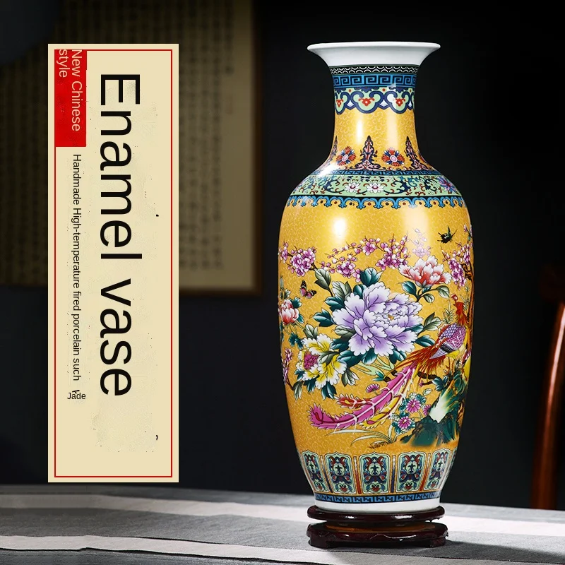 

Ceramic Vase Enamel Antique Imitation Chinese Style Living Room Decoration with Base Modern Light Luxury Crafts