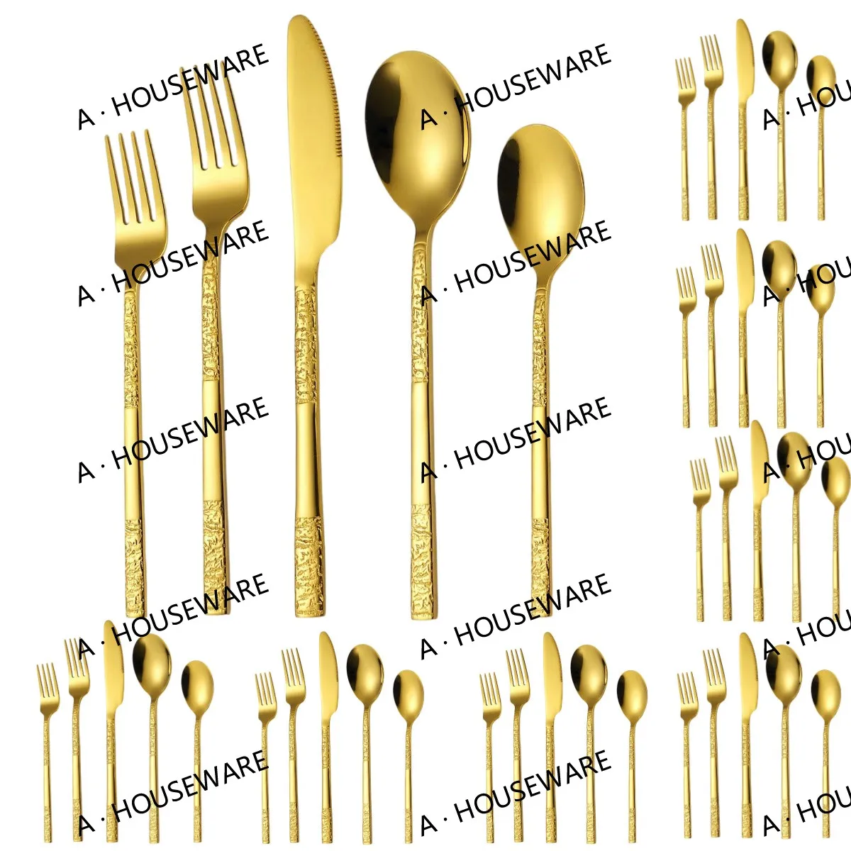 Фото A · HOUSEWARE Радужное серебро, элегантный набор стальных столовых приборов из 40 предметов для 8 столовых приборов с каменным узором и ручкой, уникальный текстурированный дизайн №5