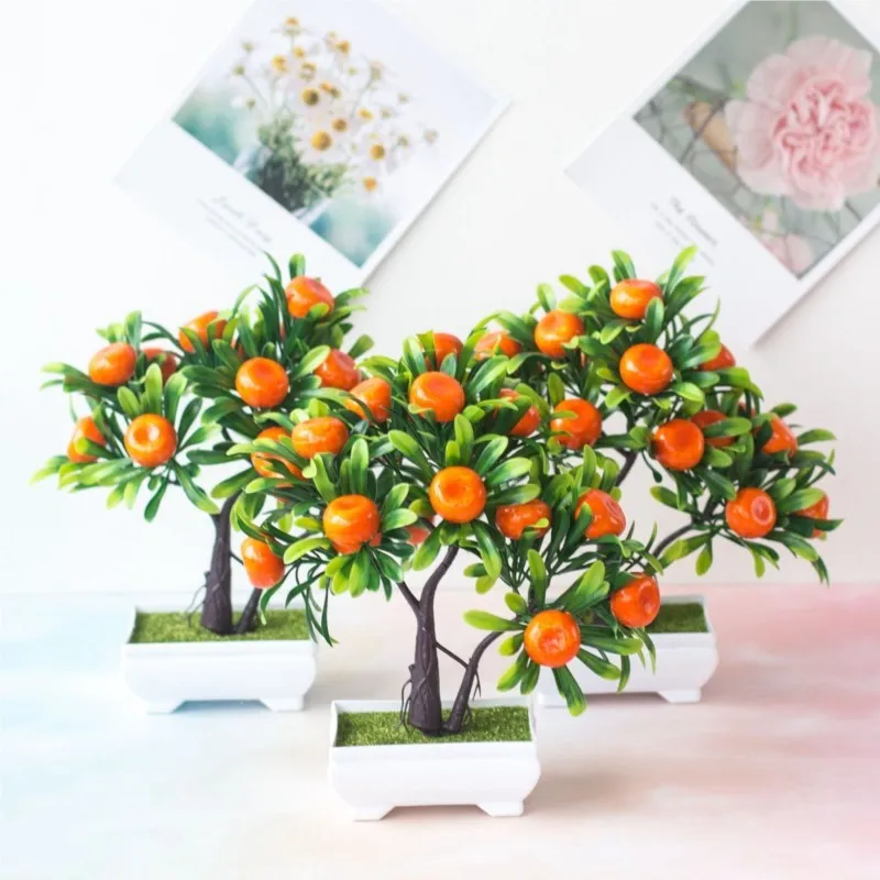 

23x26cm 16 Heads Artificial Orange Tree Potted Bonsai for Party Ornament Home Living Room Desktop Decor Fake Plants