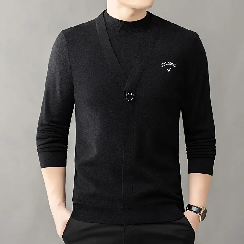 

Мужская Осенняя трикотажная рубашка Callaway с воротником средней высоты, свитер из двух частей, точечный пуловер, облегающая теплая рубашка корейского стиля