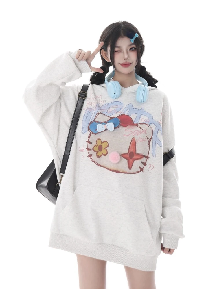 

ADAgirl Kawaii Cat Print Hoodies Women Japan Style Funny Kitten Long Sleeve Cutecore Pullovers Y2k Tops for Aesthetic Clothes
