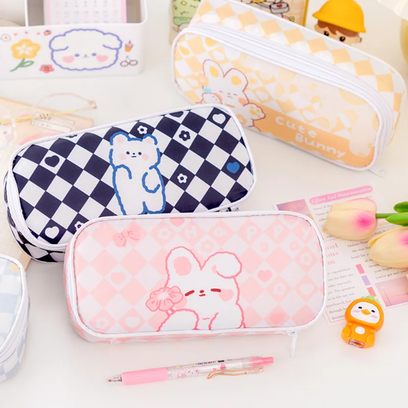 

Cute Pencil Bag For Girls Pencil Pouch Fashion Checkerboard Pen Case Korean Stationery School Supplies Student Storage Bags