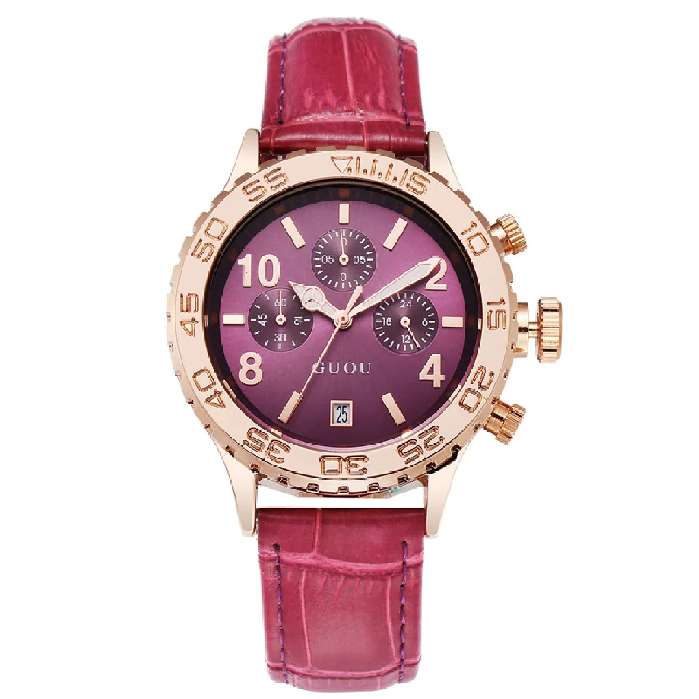 

Fahsion Guou Luxury Brand Large Dial Gold Leather Real Three Eyes Calendar Qatch Waterproof Ladies Man Fashion Quartz Watches