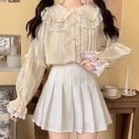 qweek japanese soft lolita style blouses cute peter pan collar lace ruffles long sleeve jk shirts women kawaii blusas mujer chic