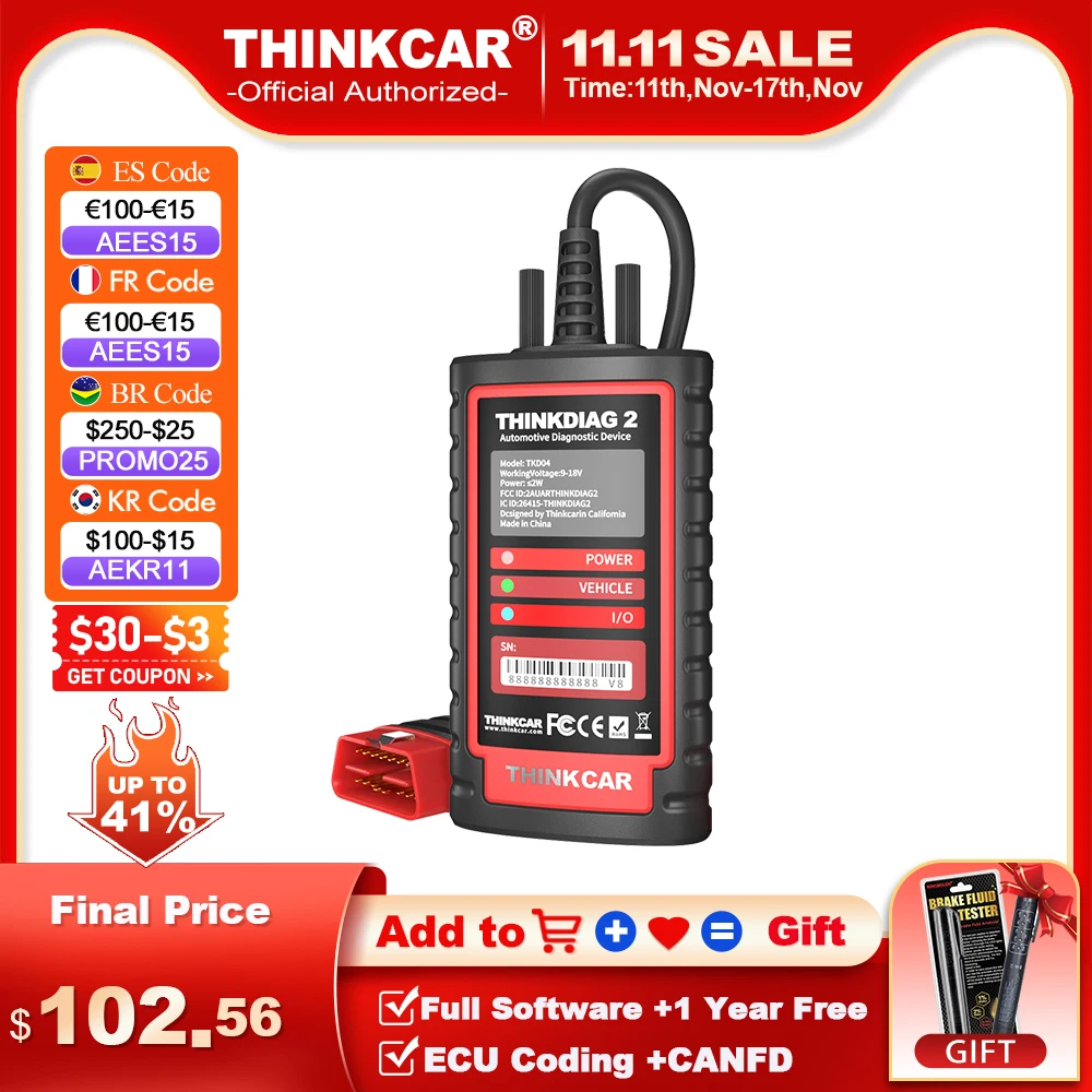 

THINKCAR ThinkDiag 2 All System Full Software OBD2 Diagnostic Tool CANFD Protocol 15 Reset Active Test ECU Coding Scanner