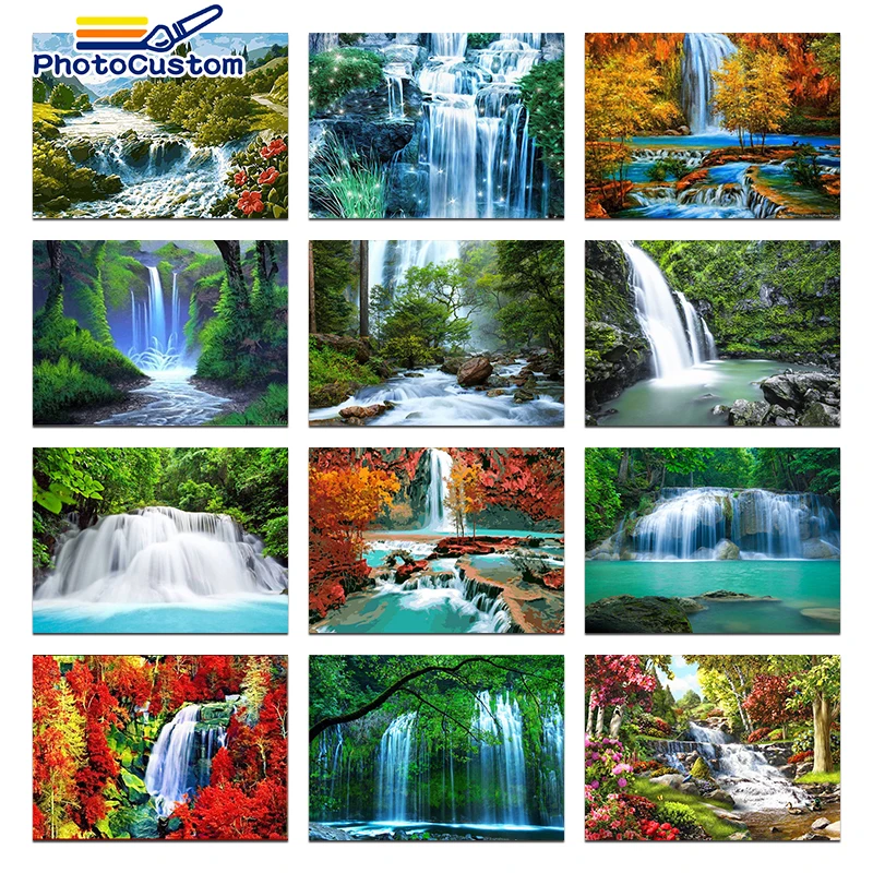 

PhotoCustom DIY Frame 60x75cm Paint By Numbers Kits On Canvas Waterfall Landscape Painting By Numbers Hand Painting Home Decor