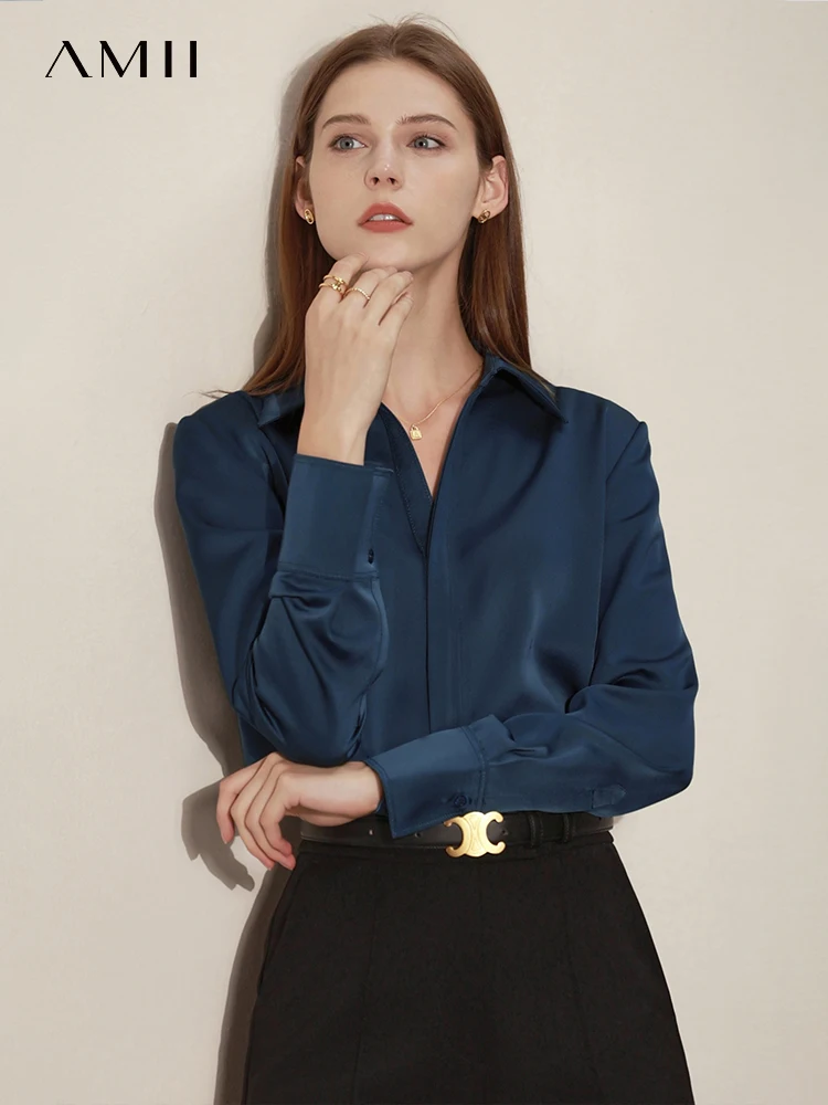 Amii Minimalist Spring Women's Shirts Elegant Office Lady Blouse Satin Shirt Solid V Neck Casual Shirts Female Tops 12220026