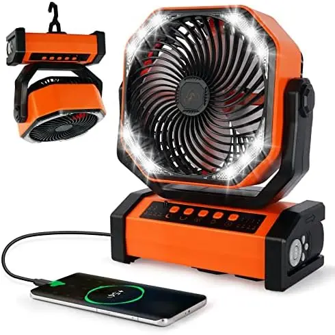 

20000mAh Rechargeable Camping Fan with LED light, Portable Tent Fan with Remote Control&Hook, 4 Speed Battery Powered USB De