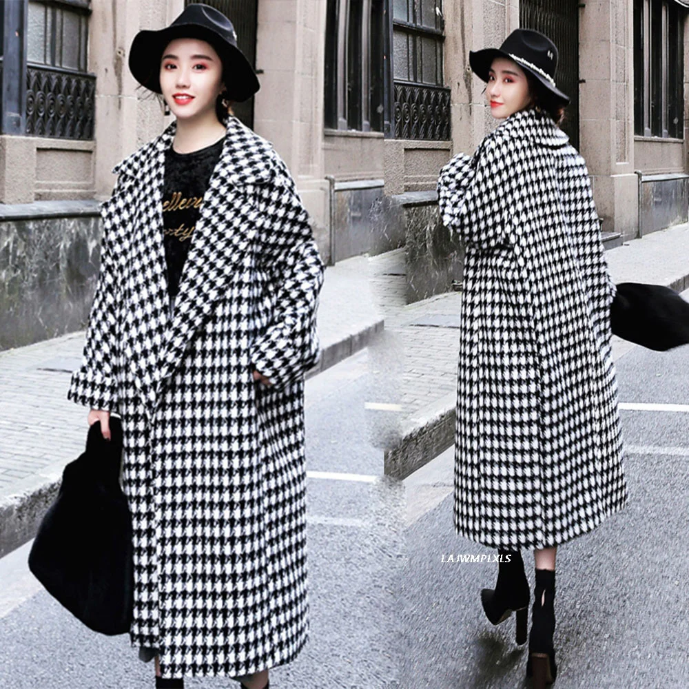 

Coat Long Wool Women Elegant Fashion Notched Collar Houndstooth Woolen Jacket Streetwear Winter Overcoat