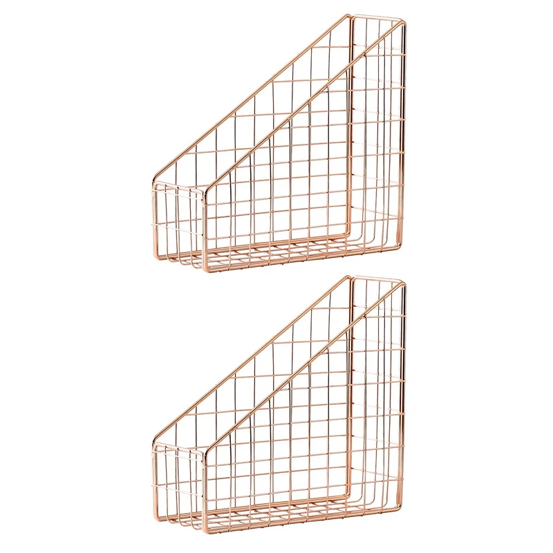 

2X Rose Gold Electroplated Iron Book Holder Desktop Shelf File Magazine Book Stand Office Stationery Organizer Holder