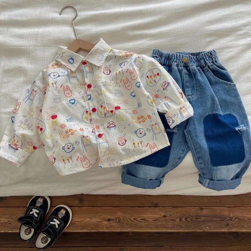 

Kids cartoon graffiti cotton shirt Autumn fashion Boys turn-down collar long sleeve shirt Tops