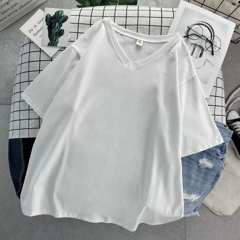 

Plus Size 6XL 150kg Summer Solid Color Cotton T-Shirts V Neck Short Sleeve Casual T Shirts Ladies Tees Big Size Top