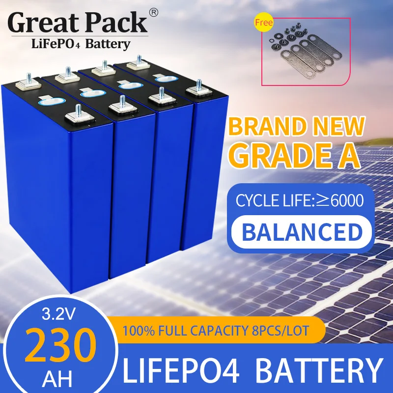 

Rechargeable 8PCS 3.2V 230Ah Brand New Grade A Lithium Ion Battery Cell LiFePO4 Deep Cycle Solar Power Storage with Busbars