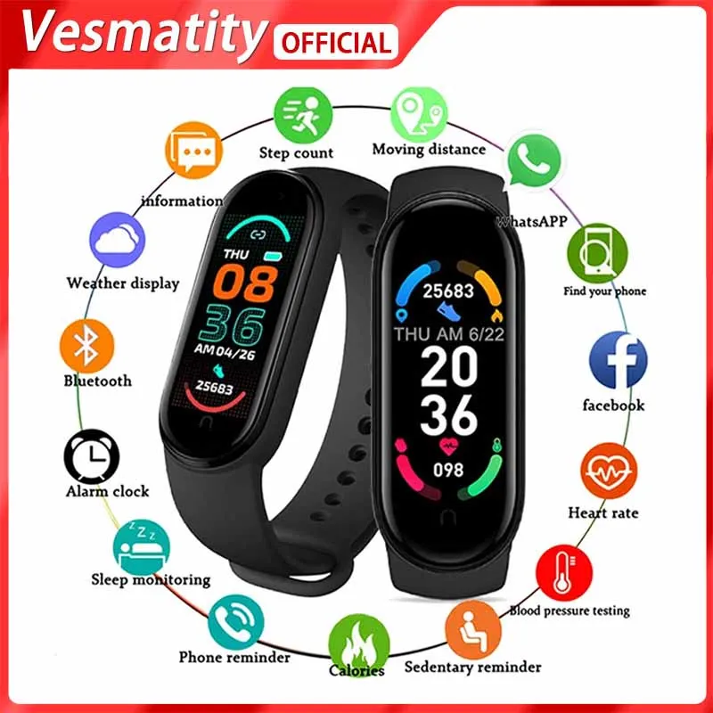 

Vesmatity M6 Plus Sports Smart Watch Heart Rate Blood Pressure Monitoring Waterproof Smart Bracelet Men's Women's Smart Watch