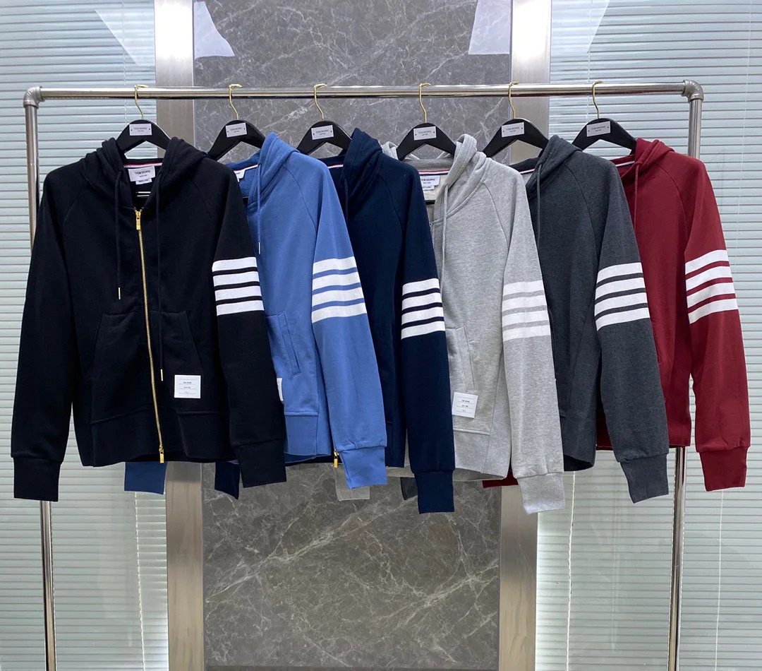 

Tb Thom Spring And Autumn New Classic Four-bar Yarn-dyed Zipper Hooded Sweater Men And Women Couples Casual Jacket Trend