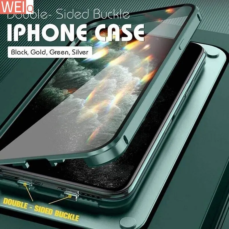 

360 Full Protection Metal Magnetic Double-Sided Buckle Glass Snap Lock Case Shockproof For iPhone 14 13 12 Mini 11 Pro Max Plus