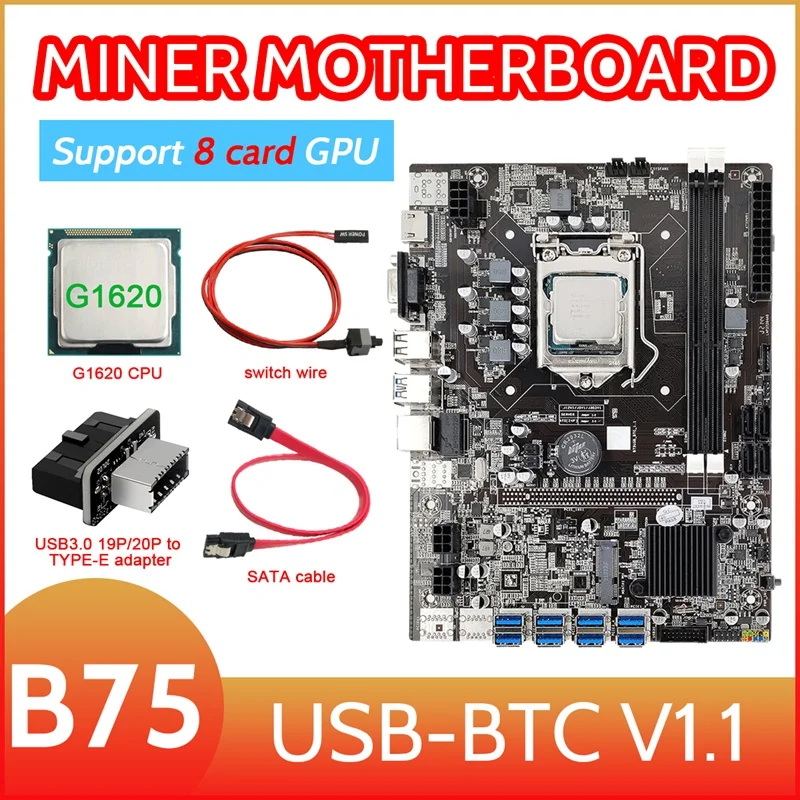 B75 8 Card BTC Mining Motherboard+G1620 CPU+USB3.0 Adapter+SATA Cable+Switch Cable 8XUSB3.0 Slot LGA1155 DDR3 RAM MSATA