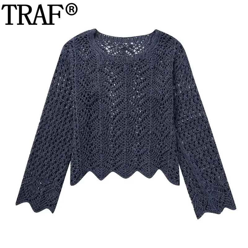 

Женский Короткий трикотажный свитер с вырезами, круглым вырезом и длинным рукавом