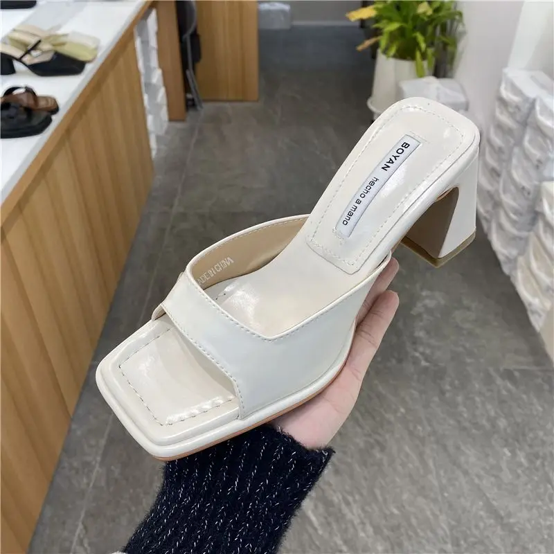 Square Toe 2023 Women Slippers New Summer Plaid Ladies Fashion Thick High Heels Female Pumps Elegant Shoes Slides Dress Design