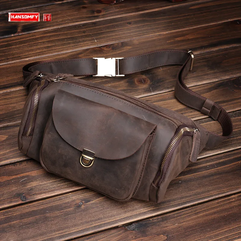 Crazy Horse Leather Belt Bag Men's Chest Bag First Layer Cowhide Waist Packs Sports Phone Bag Fashion Retro Crossbody Bags