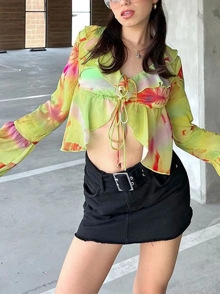 

Женский короткий топ Y2K с абстрактным градиентным принтом, облегающая блузка с длинным Расклешенным рукавом, V-образным вырезом и завязкой с...
