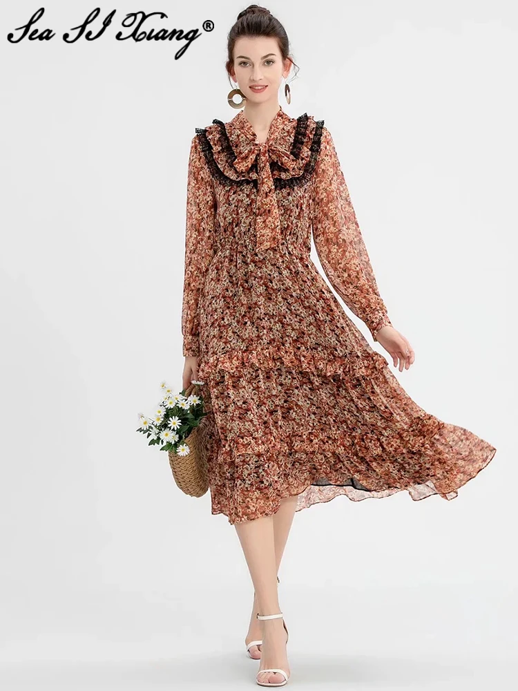 

Женское шифоновое платье с оборками, круглым вырезом и длинным рукавом