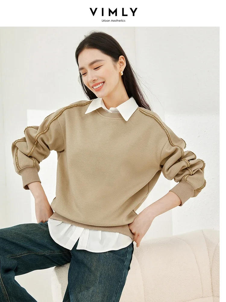 

Vimly Khaki Fleece O-neck Women's Sweatshirt Pullover Long Sleeve Top 2023 Winter New Straight Loose Casual Female Clothes M3751