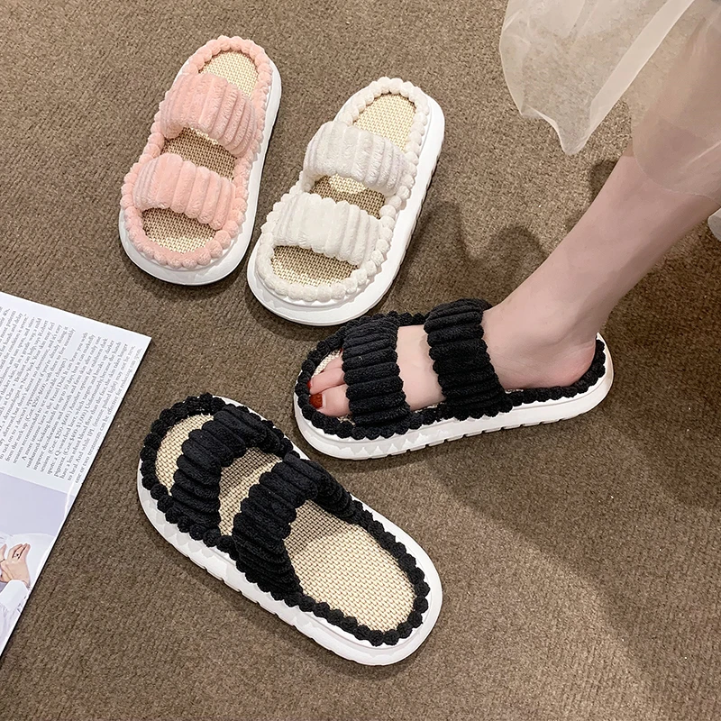 Women Double Strap Outdoor Flat Sandals Smiple Leisure Open Toe Sweet Lovely Beach Slides Summer Platform Soft Comfy Linen Shoes
