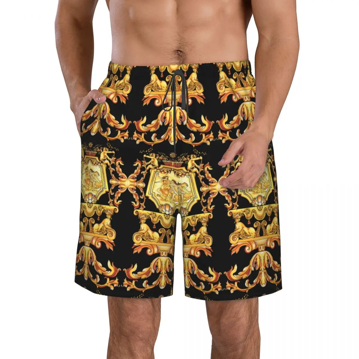 Men's Swim Shorts Summer Swimwear Man Swimsuit Swimming Trunks Beach Shorts Surf Board Male Clothing Pants Golden Baroque