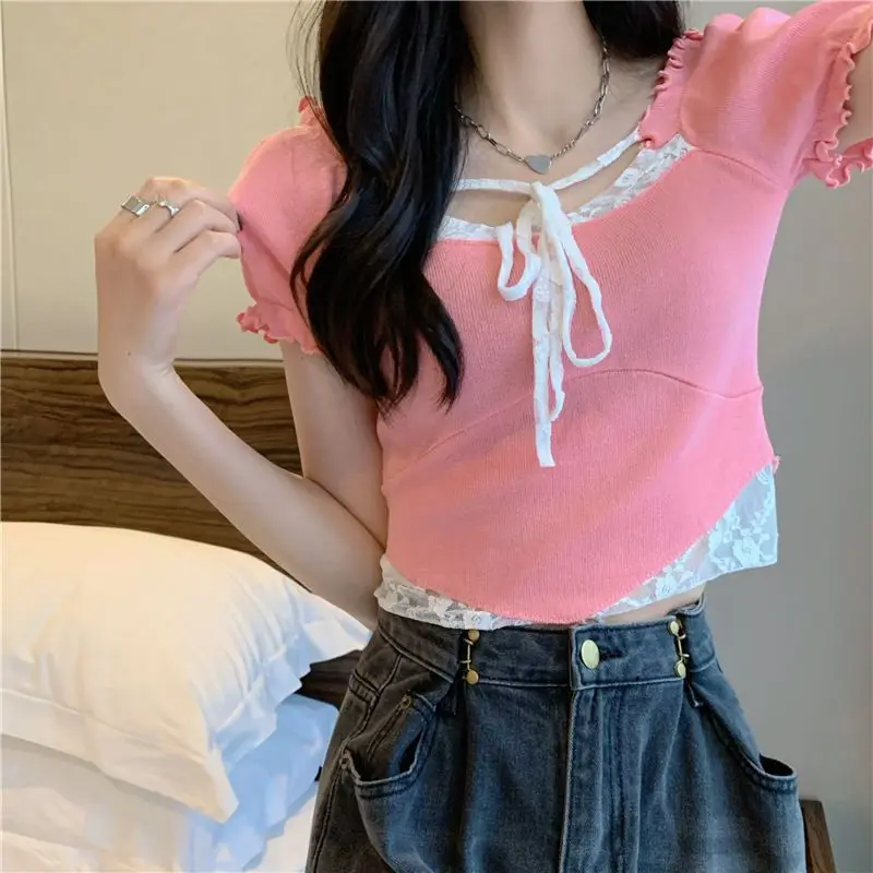 

Solid Color Lace Panel Short Sleeve Women T-shirts Summer Bow Square Collar Knitted Tops Korean Slim Fit Expose Navel Sexy Tees