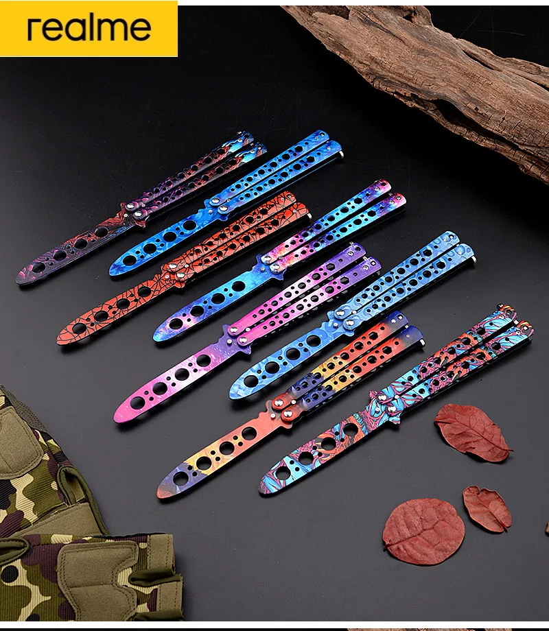 

Realme Butterfly Knife Four-Hole Butterfly Practice KnifeTraining Knife All-Steel Butterfly Play Knife Unedged Butterfly Knife