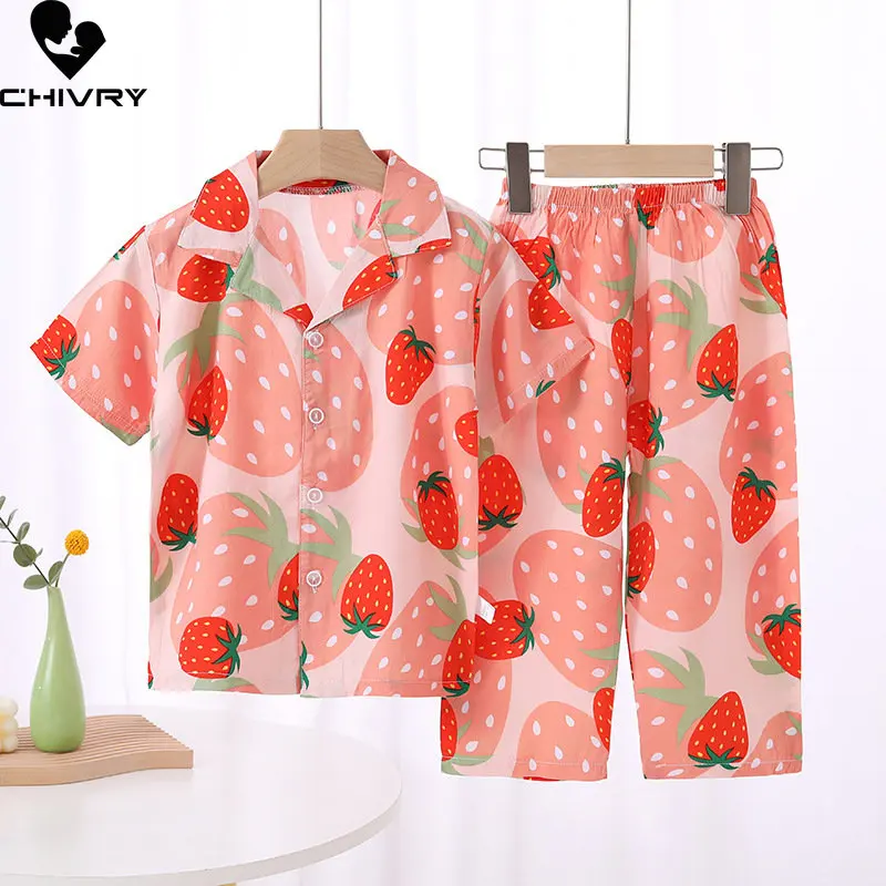 

Kids Summer Thin Pajamas Sets New 2023 Kids Boys Girls Cartoon Short Sleeve Lapel Shirt Tops with Pants Baby Boy Girl Loungewear