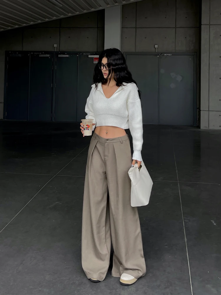 Женский короткий пуловер с большими лацканами свитер длинным рукавом Осенний