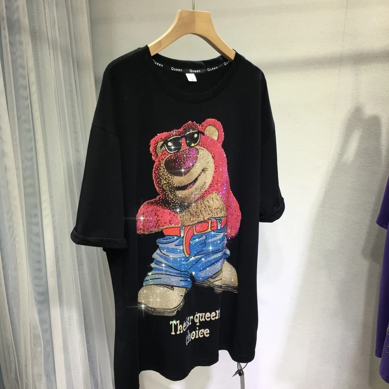 Luxury Hot Drilling T-shirt for Men/woman 2023 New Summer Age Reduction Cartoon Bear Oversize Top Mid-long Short Sleeve Tees
