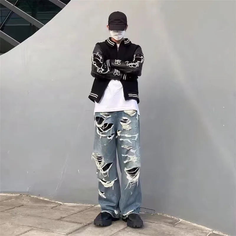 

Oversize Ripped Trousers Fit Distressed Hop Destroyed Denim Men's Vibe Hi Style Loose Bottoms Pants Hip Jeans Fashion Street