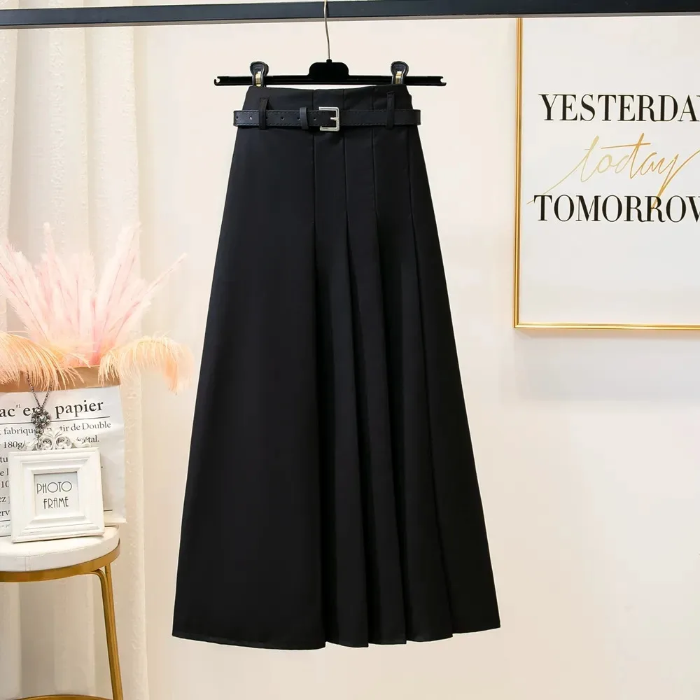 Женский плиссированный костюм черная длинная юбка с поясом Корейская серая